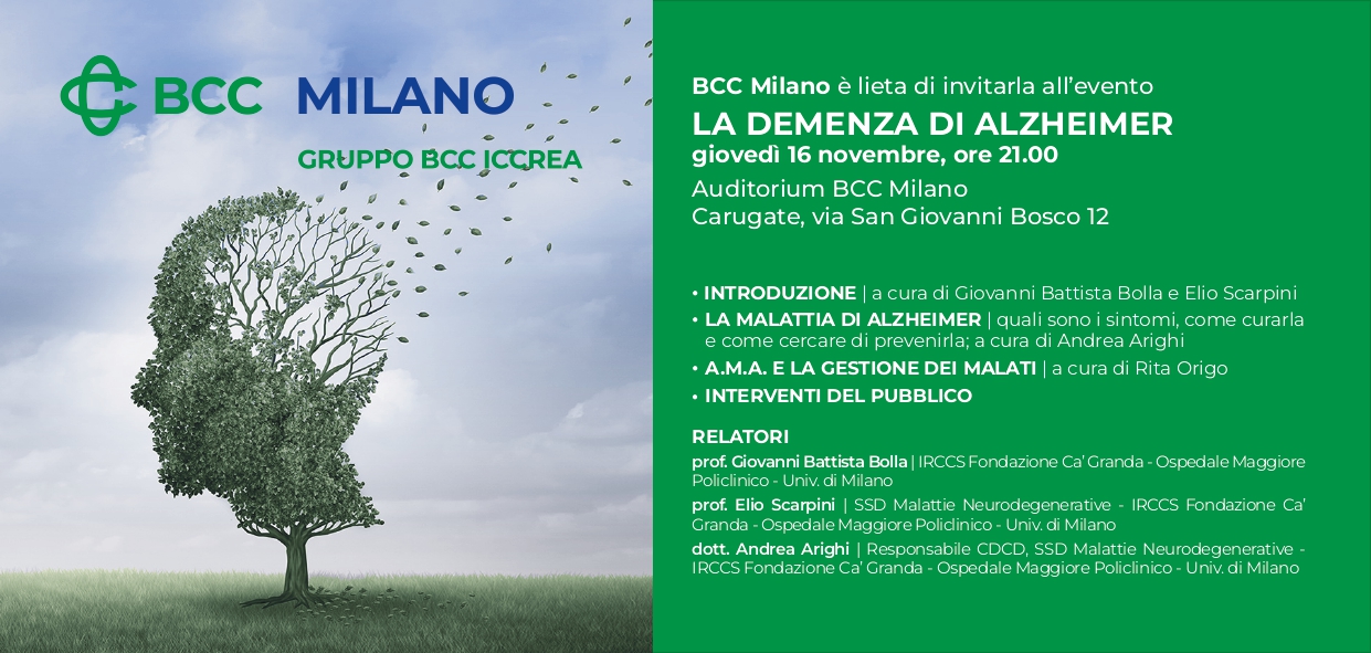 Convegno LA DEMENZA DI ALZHEIMER Giovedì 16 Novembre ore 21.00 BCC Milano, Carugate